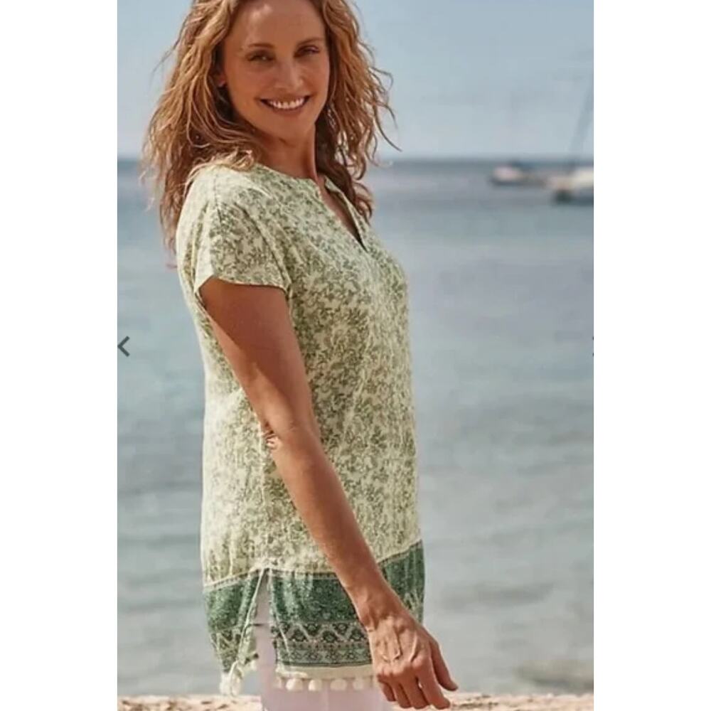 J. Jill Mojito Green Vineyard Border Print Cotton Blend Tunic